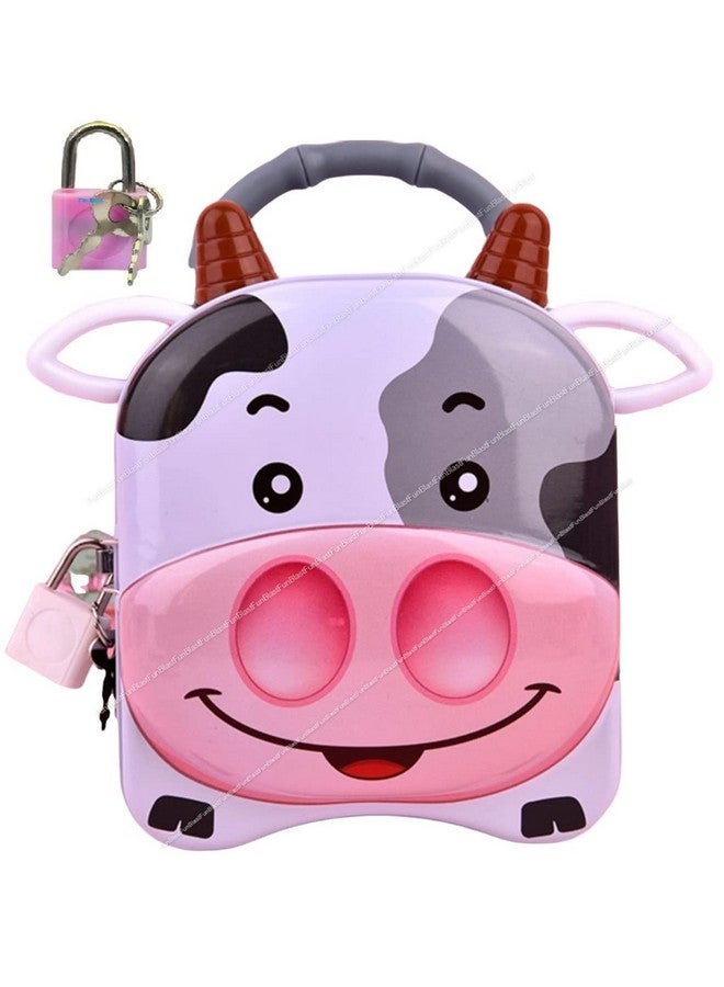 فنبلاست حصالة نقود من فن بلاست للأطفال، حصالة نقود معدنية لحفظ النقود مع قفل ومفتاح - حصالة نقود مطبوعة بطبعة بقرة، صندوق نقود للأطفال - Image 1