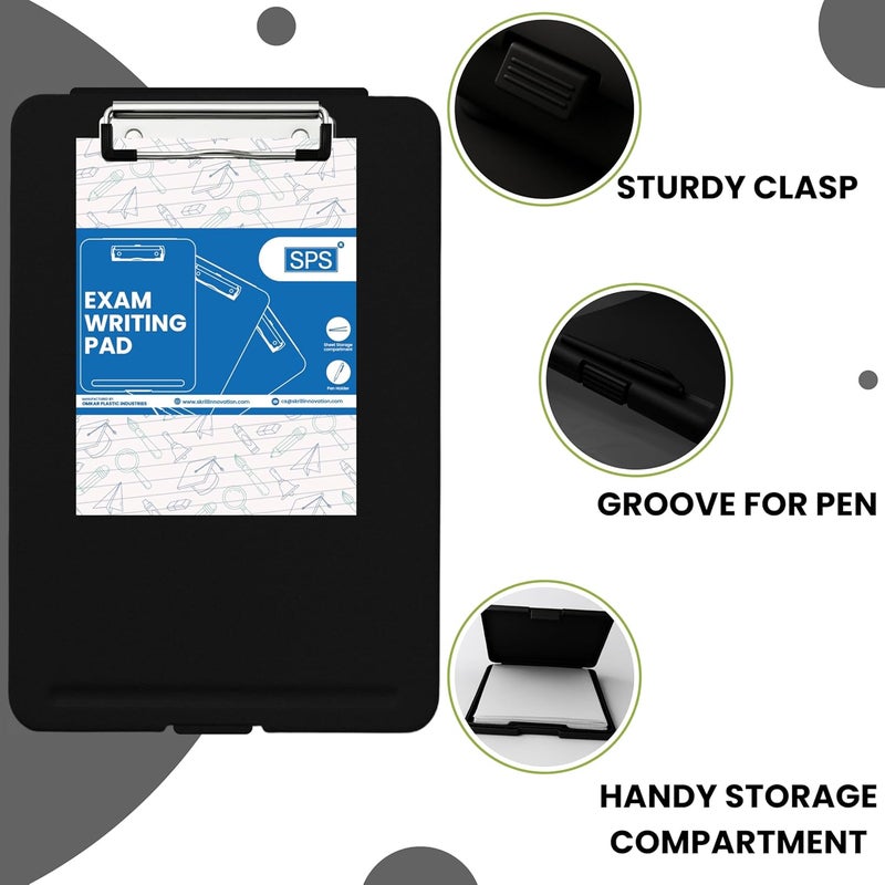sps Exampad A4 Plastic Clipboard with Built-in Storage and Pen Holder - Ideal for School, Office, Travel - Perfect for Students and Professionals, School and Office - Black - Image 4