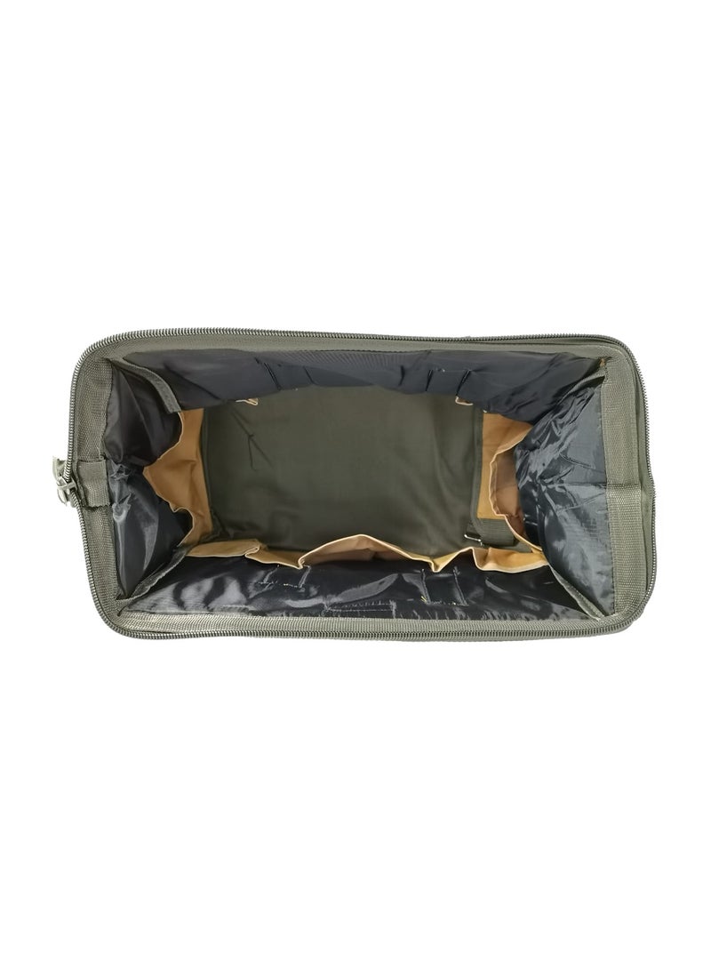 16 Inch Tool Bag with 16 Pockets Heavy Duty Tool Storage Bag Wide Mouth Tool Organizer Carry Bag Electrician Plumber Mechanic Maintenance Toolkit Waterproof Wear Resistant Reinforced Base Reflective Strip Portable Tool Tote with Handles Zip Closure. - Image 4