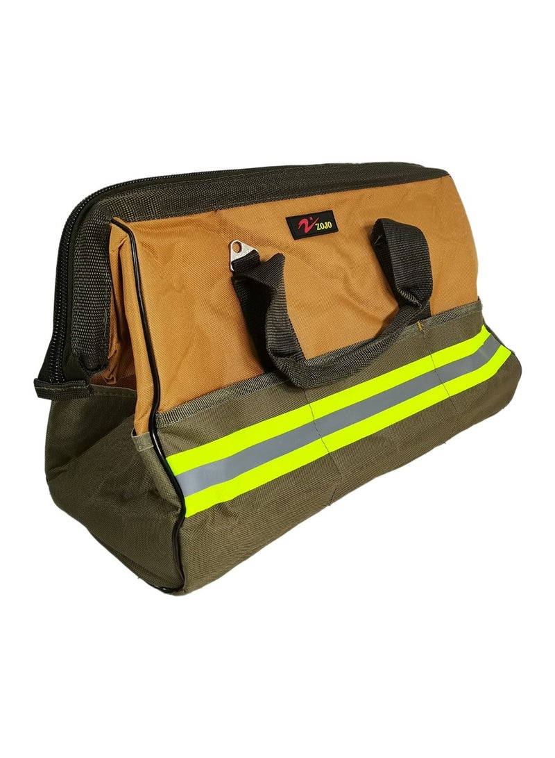 16 Inch Tool Bag with 16 Pockets Heavy Duty Tool Storage Bag Wide Mouth Tool Organizer Carry Bag Electrician Plumber Mechanic Maintenance Toolkit Waterproof Wear Resistant Reinforced Base Reflective Strip Portable Tool Tote with Handles Zip Closure. - Image 3