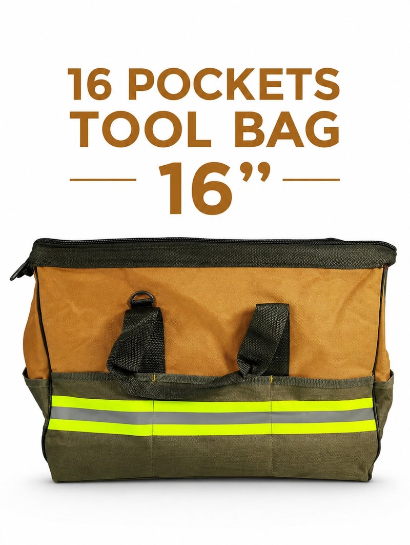 16 Inch Tool Bag with 16 Pockets Heavy Duty Tool Storage Bag Wide Mouth Tool Organizer Carry Bag Electrician Plumber Mechanic Maintenance Toolkit Waterproof Wear Resistant Reinforced Base Reflective Strip Portable Tool Tote with Handles Zip Closure. - Image 1