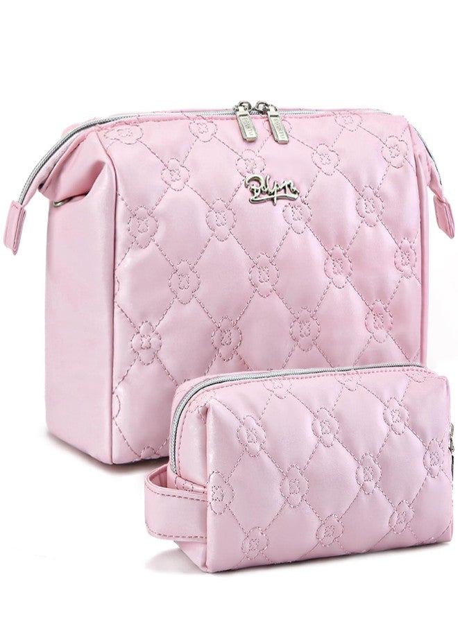BOYATU Travel Makeup Bags for Purse: 2 Pcs Set Cosmetic Bag for Women - PU Leather Make up Bag with Zipper- Cute Skincare Pouch for Girls - Waterproof Toiletry Organizer for Vacation (Pink) - Image 1