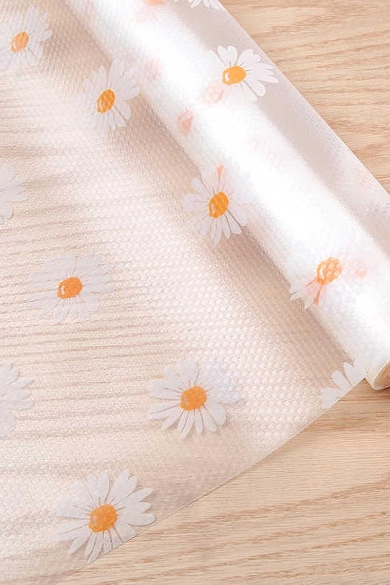 Wolpin Anti-Slip Floral Kitchen Cabinet Drawer Shelf Mat Liner Sheets (45cmx3m, Pack of 1 Roll, Ethylene Vinyl Acetate, Transparent, White Daisy) For Bathroom, Fridge Mat Textured Multipurpose - Image 1