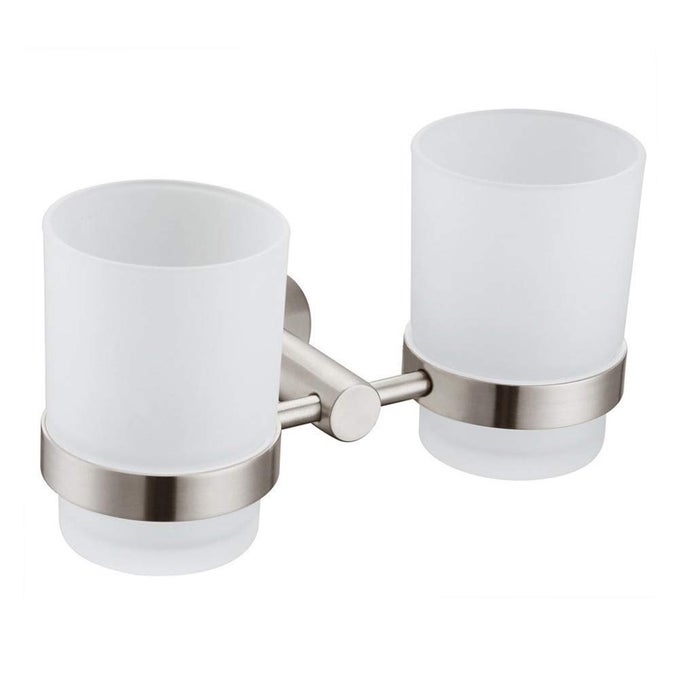 DOUBLE TOOTHBRUSH HOLDER SUS304 STAINLESS STEEL WALL MOUNTED GLASS TUMBLER HOLDER WITH FROSTED GLASS CUP TOOTHPASTE RAZOR ORGANIZER BATHROOM STORAGE BRUSHED NICKEL