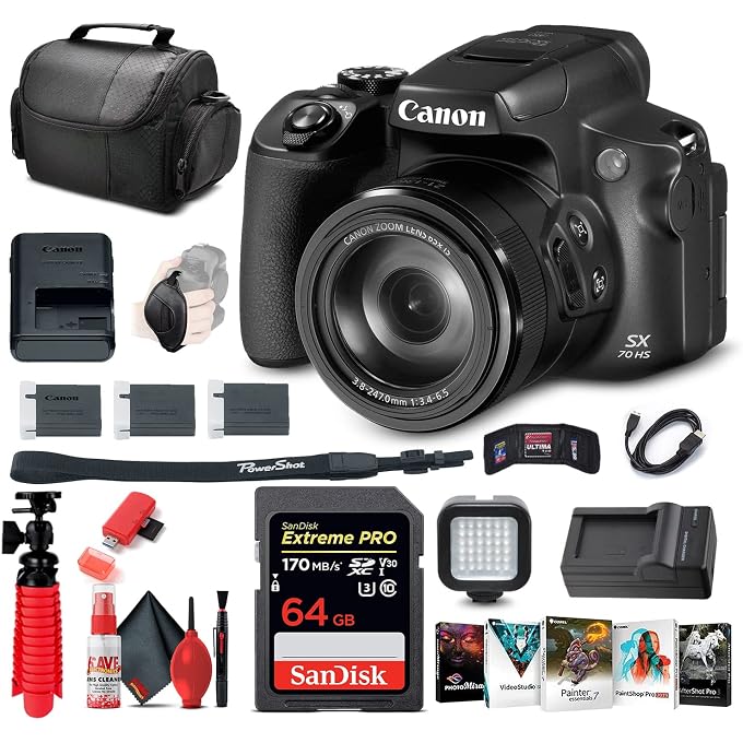 كانون كاميرا كانون باور شوت SX70 HS الرقمية مع حزمة برامج الصور | للتصوير الفوتوغرافي والفيديو + إضاءة LED + بطاقة ذاكرة 64 جيجابايت + حقيبة كاميرا + كابل HDMI + قارئ بطاقات + شاحن + بطارية (3071C001) - Image 1