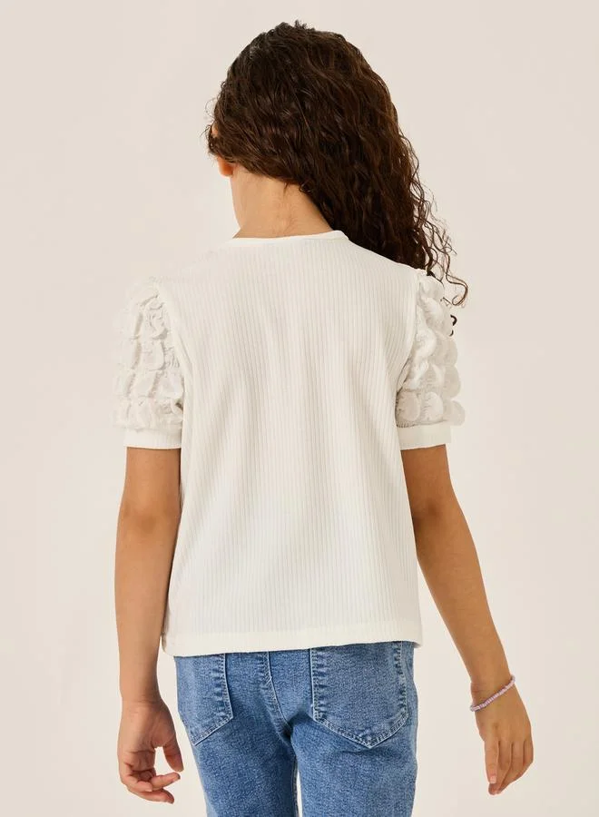 Styli Textured Puff Sleeve Ribbed Top