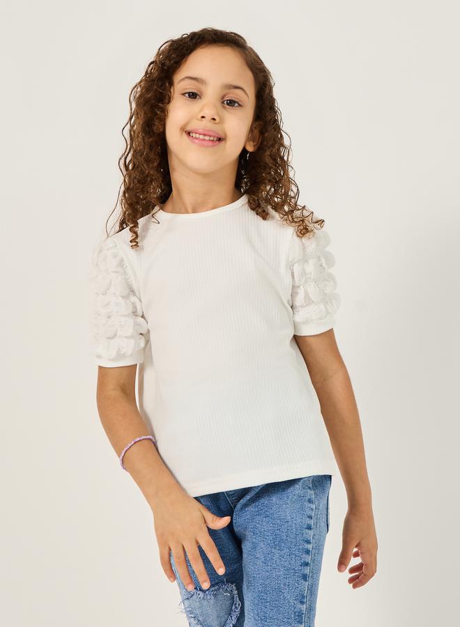 ستايلي بلوزة مضلعة بأكمام منفوشة مزخرفة - Image 1