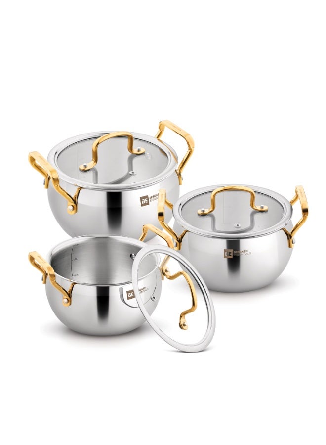Bergner BE Essentials TriPly Stainless Steel 3 Pcs Rice Handi Set - 16cm/2.2L, 18cm/3.2L, 20cm/4.2L and 3 Flat Glass Lids with Golden Coated Finishing Handles and Knob, Less Oil Use - Induction Bottom - Image 1