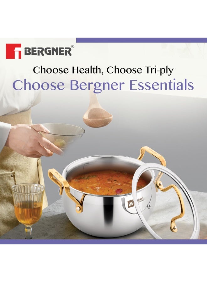 Bergner BE Essentials TriPly Stainless Steel 3 Pcs Rice Handi Set - 16cm/2.2L, 18cm/3.2L, 20cm/4.2L and 3 Flat Glass Lids with Golden Coated Finishing Handles and Knob, Less Oil Use - Induction Bottom - Image 3