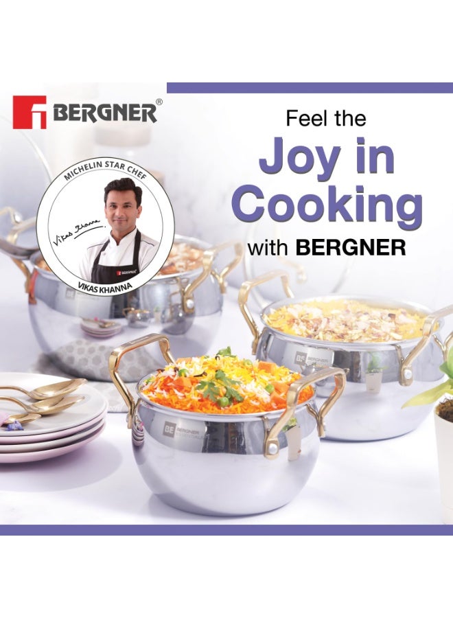 Bergner BE Essentials TriPly Stainless Steel 3 Pcs Rice Handi Set - 16cm/2.2L, 18cm/3.2L, 20cm/4.2L and 3 Flat Glass Lids with Golden Coated Finishing Handles and Knob, Less Oil Use - Induction Bottom - Image 2