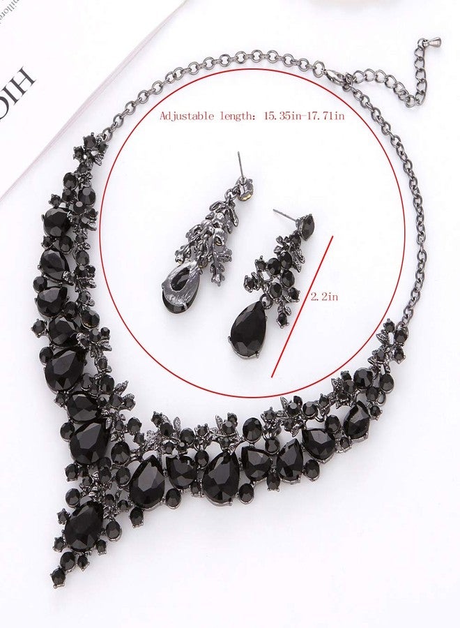 مولي طقم مجوهرات مولي للعرائس، قلادة وأقراط مرصعة بأحجار الراين، مناسب لفساتين حفلات الزفاف (أسود) - Image 4