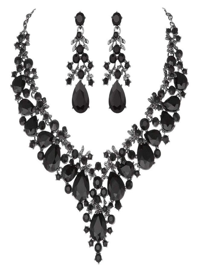 مولي طقم مجوهرات مولي للعرائس، قلادة وأقراط مرصعة بأحجار الراين، مناسب لفساتين حفلات الزفاف (أسود) - Image 2