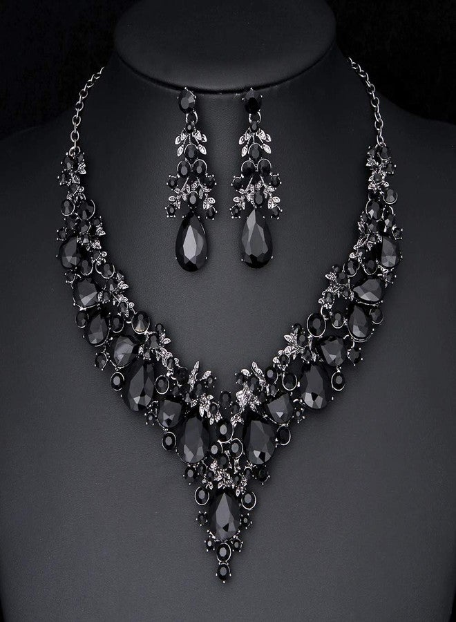 مولي طقم مجوهرات مولي للعرائس، قلادة وأقراط مرصعة بأحجار الراين، مناسب لفساتين حفلات الزفاف (أسود) - Image 3
