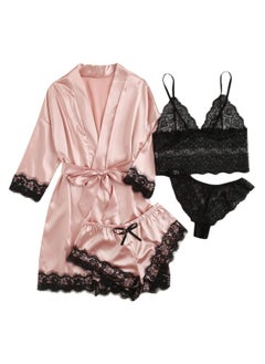 Y&D Women's 4 Pieces Satin Floral Lace Cami Top Lingerie Pajama Set with Robe  - Image 1