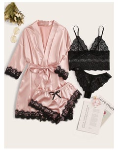 Y&D Women's 4 Pieces Satin Floral Lace Cami Top Lingerie Pajama Set with Robe  - Image 2