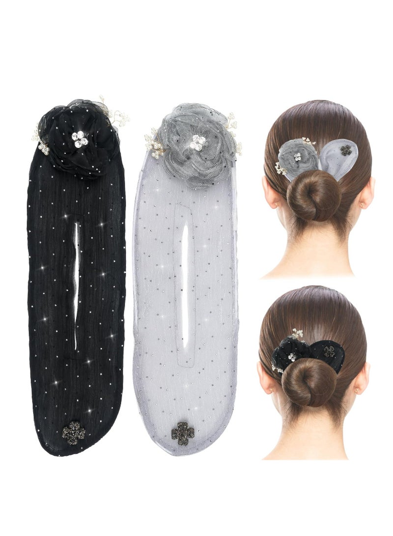 أوزيغالور طقم إكسسوارات شعر مكون من 2 قطعة: صانع كعكة شعر مطرزة يدويًا، مشبك شعر كروي لامع (أسود + أبيض) - Image 1
