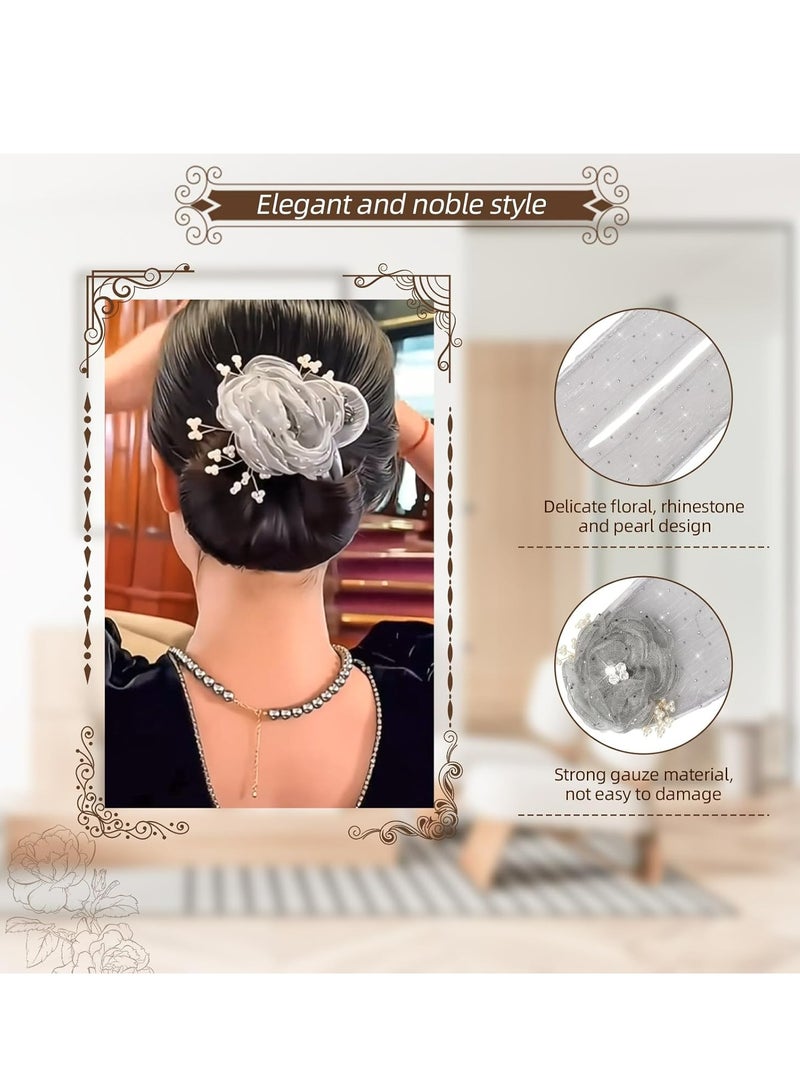 أوزيغالور طقم إكسسوارات شعر مكون من 2 قطعة: صانع كعكة شعر مطرزة يدويًا، مشبك شعر كروي لامع (أسود + أبيض) - Image 2