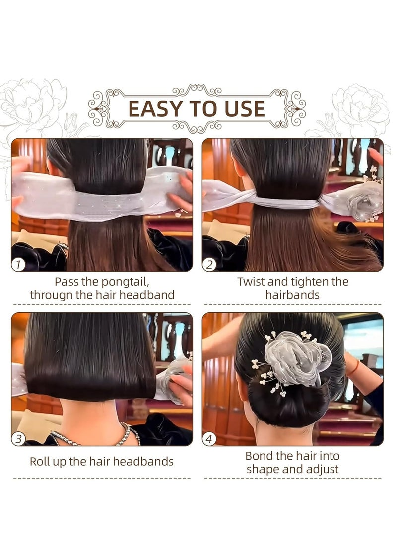 أوزيغالور طقم إكسسوارات شعر مكون من 2 قطعة: صانع كعكة شعر مطرزة يدويًا، مشبك شعر كروي لامع (أسود + أبيض) - Image 3