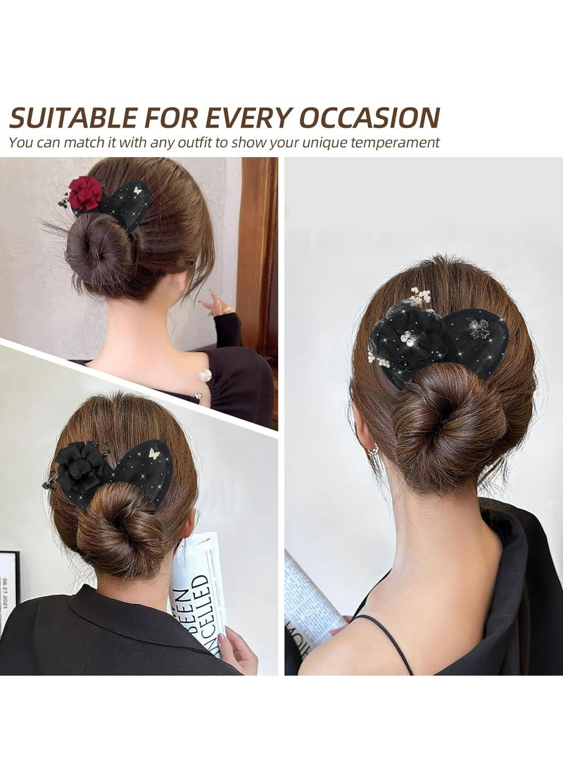 أوزيغالور طقم إكسسوارات شعر مكون من 2 قطعة: صانع كعكة شعر مطرزة يدويًا، مشبك شعر كروي لامع (أسود + أبيض) - Image 4