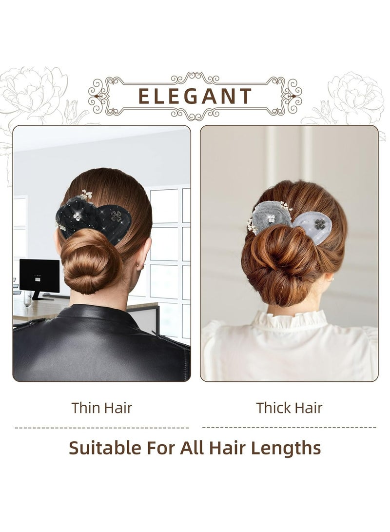 أوزيغالور طقم إكسسوارات شعر مكون من 2 قطعة: صانع كعكة شعر مطرزة يدويًا، مشبك شعر كروي لامع (أسود + أبيض) - Image 5