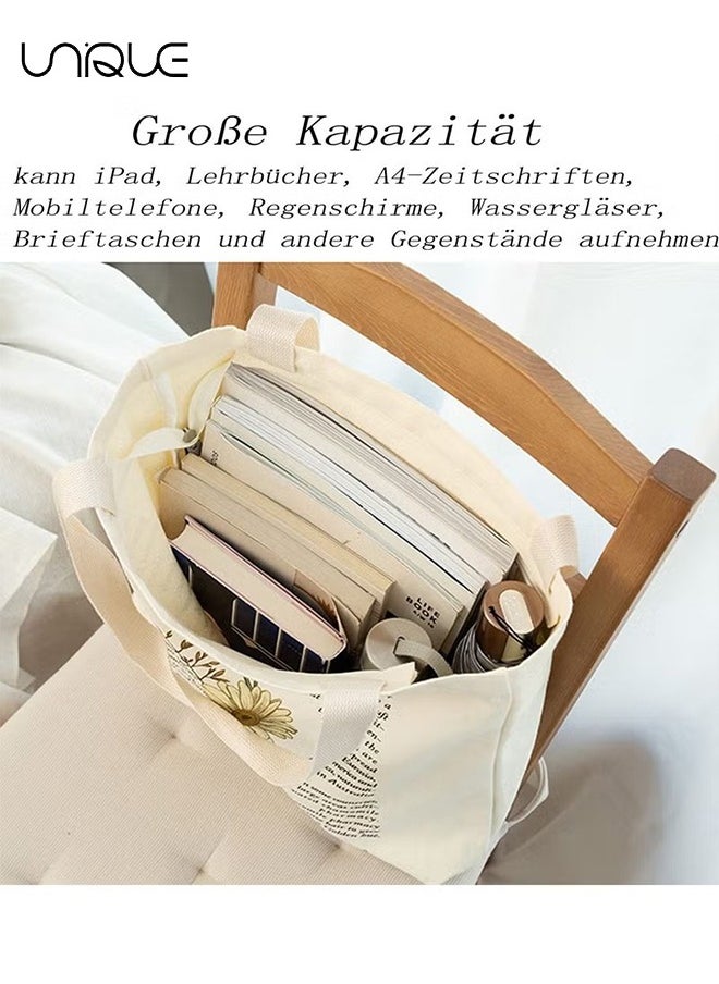 Unique - Canvas Bag - Canvas Tote Bag Strap Reusable Grocery Shopping Cloth Bag Zip Tote Bag Women Eco-Friendly Tote Bag with Handle Washable Fashion Beach Tote Shoulder Bag Women Shopping, School(Beige) - Image 1