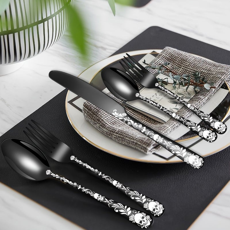24 قطعة من أدوات المائدة القوطية لـ 6 أشخاص، طقم مسطحات بنمط داكن، مطلي بالاستانلس ستيل بلمسة مرآة، بتصميم جماجم وخفافيش وورود وأغصان وأوراق، يشمل ملعقة وشوكة وسكين وملعقة حلويات، هدية مثالية لعيد الهالوين. - Image 4