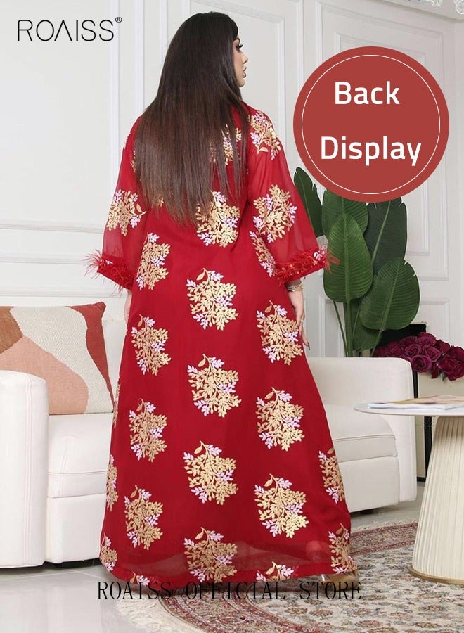roaiss Ramadan Women Muslim Dress Sequin Red Mesh Embroidery Evening Party Gown Bell Sleeve Long Dresses Party Robe Women Embroidery Islamic Dresses  - Image 5