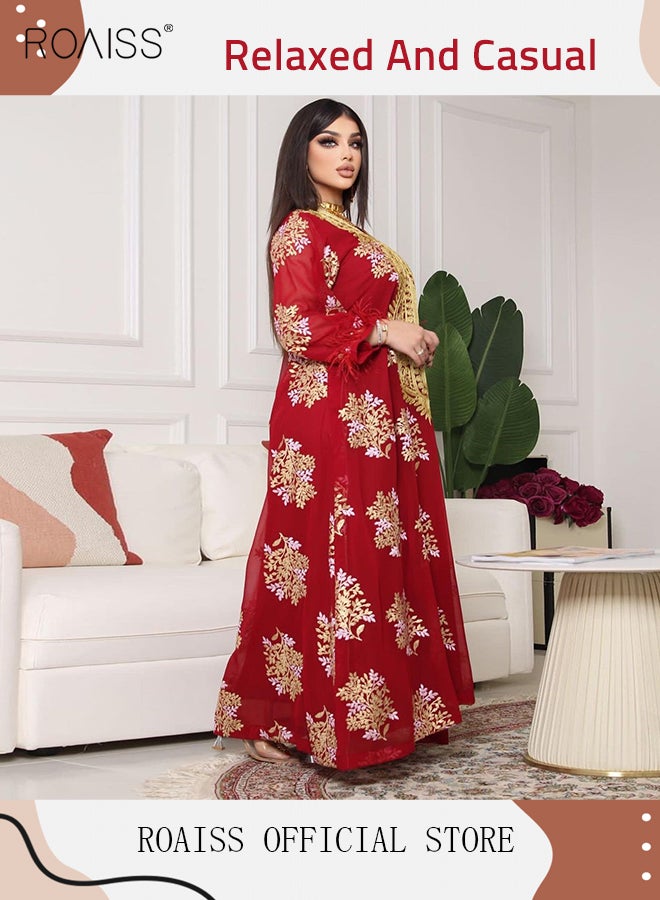 roaiss Ramadan Women Muslim Dress Sequin Red Mesh Embroidery Evening Party Gown Bell Sleeve Long Dresses Party Robe Women Embroidery Islamic Dresses  - Image 2
