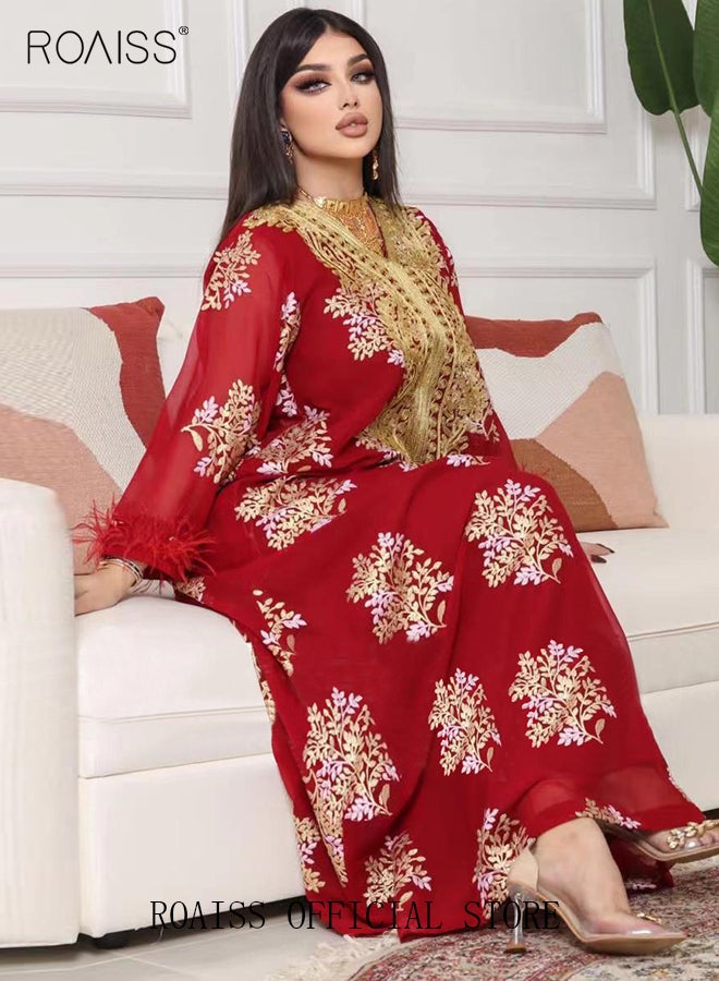 roaiss Ramadan Women Muslim Dress Sequin Red Mesh Embroidery Evening Party Gown Bell Sleeve Long Dresses Party Robe Women Embroidery Islamic Dresses  - Image 1