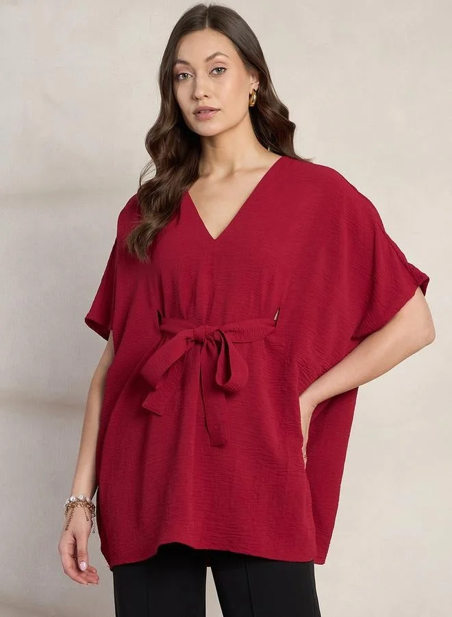 Femmella Solid V-Neck Kimono Top with Tie Up Detail