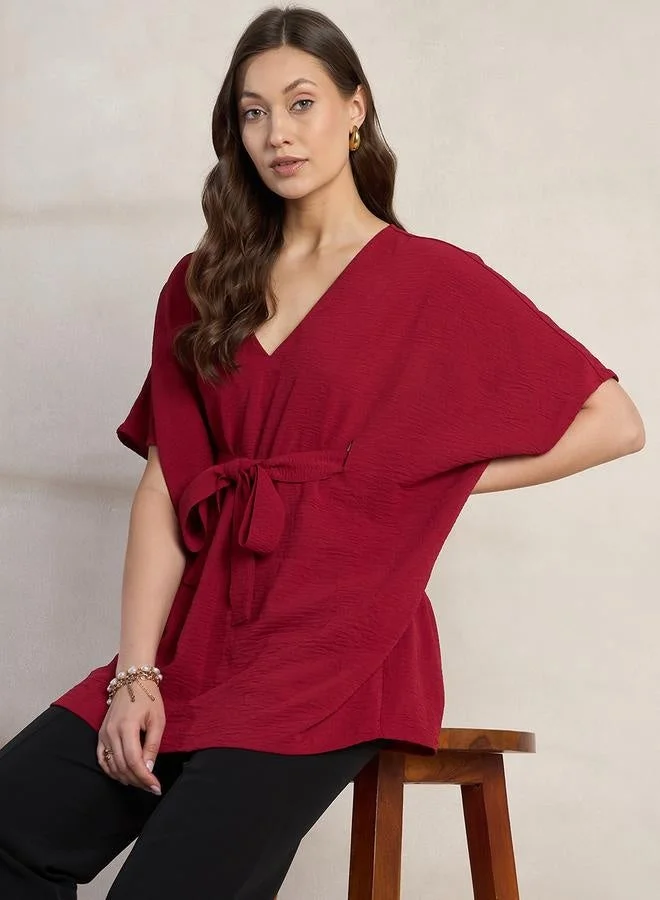 Femmella  Femmella Solid V-Neck Kimono Top with Tie Up Detail for Women | Best Price UAE