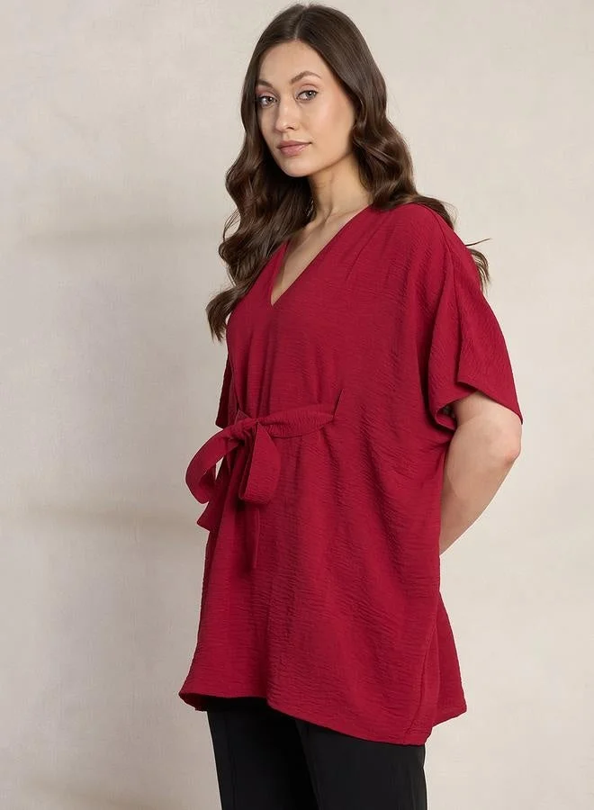 Femmella  Femmella Solid V-Neck Kimono Top with Tie Up Detail for Women | Best Price UAE