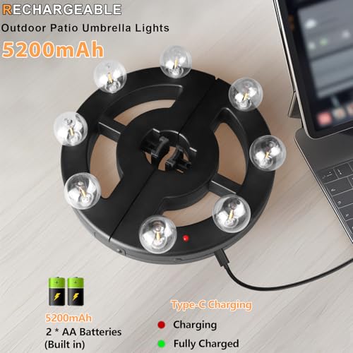 TWINKVILLA Umbrella Lights Outdoor Patio, Rechargeable Cordless with Dimmer &Timer, 8 Bright Warm White LED Bulbs Perfect for Garden, Backyard, Camping, BBQ or Indoor Use - Image 3