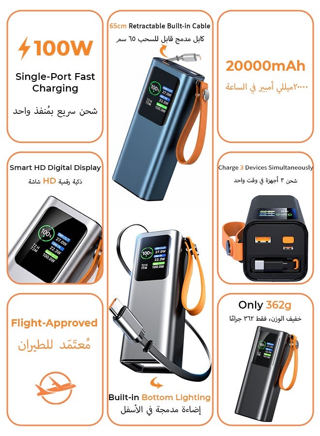 بنك طاقة سعة 20000 مللي أمبير بشحن سريع 100 واط، كابل Type-C مدمج قابل للسحب ومصباح يدوي، شاحن محمول بشاشة رقمية HD، 2 مدخل و 3 منافذ، معتمد للطيران - فضي - Image 5