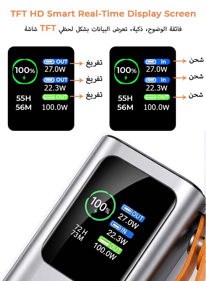 بنك طاقة سعة 20000 مللي أمبير بشحن سريع 100 واط، كابل Type-C مدمج قابل للسحب ومصباح يدوي، شاحن محمول بشاشة رقمية HD، 2 مدخل و 3 منافذ، معتمد للطيران - فضي - Image 4