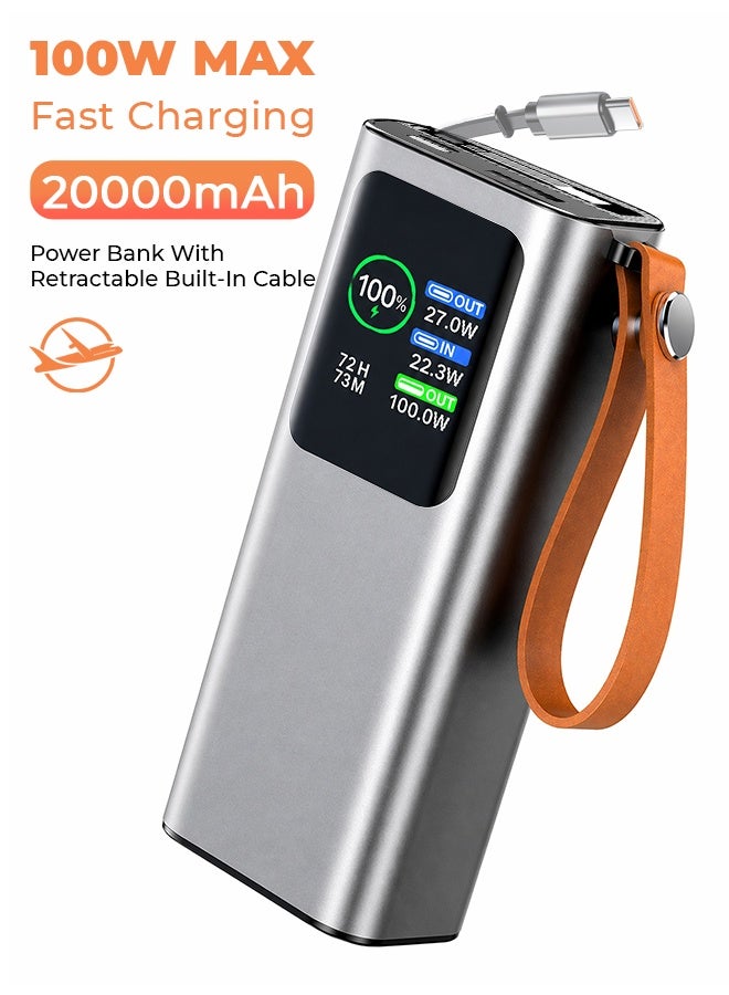 بنك طاقة سعة 20000 مللي أمبير بشحن سريع 100 واط، كابل Type-C مدمج قابل للسحب ومصباح يدوي، شاحن محمول بشاشة رقمية HD، 2 مدخل و 3 منافذ، معتمد للطيران - فضي - Image 1