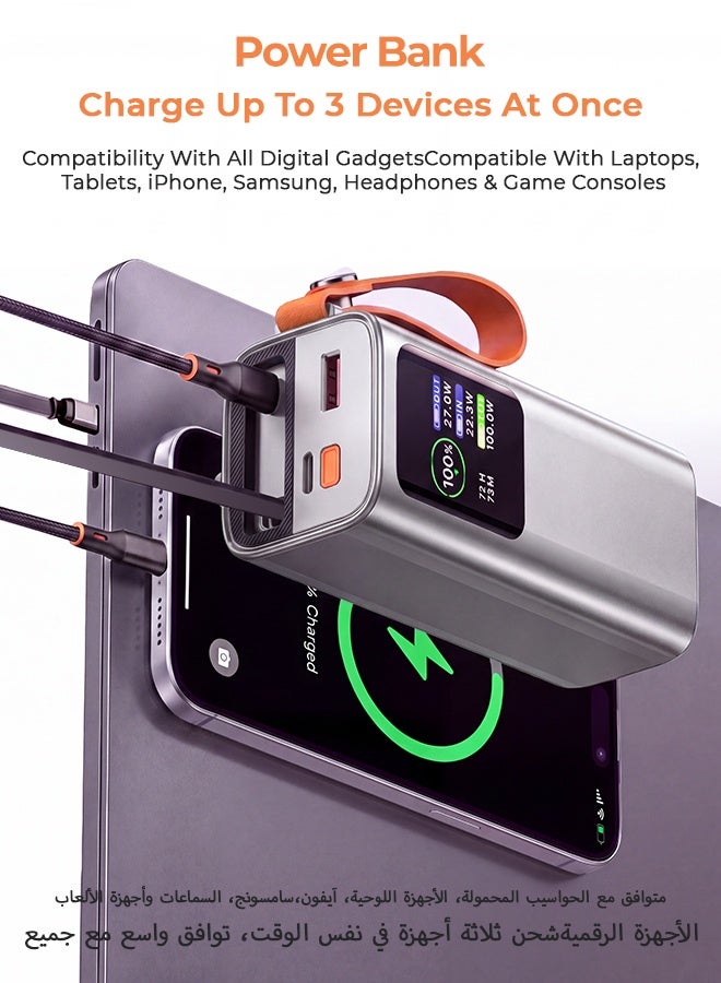 20000mAh 100W Fast Charging Power Bank with Built-in Retractable Type-C Cable & Flashlight, HD Digital Display Portable Charger, 2 Input 3 Output, Flight Approved - Silver - Image 1