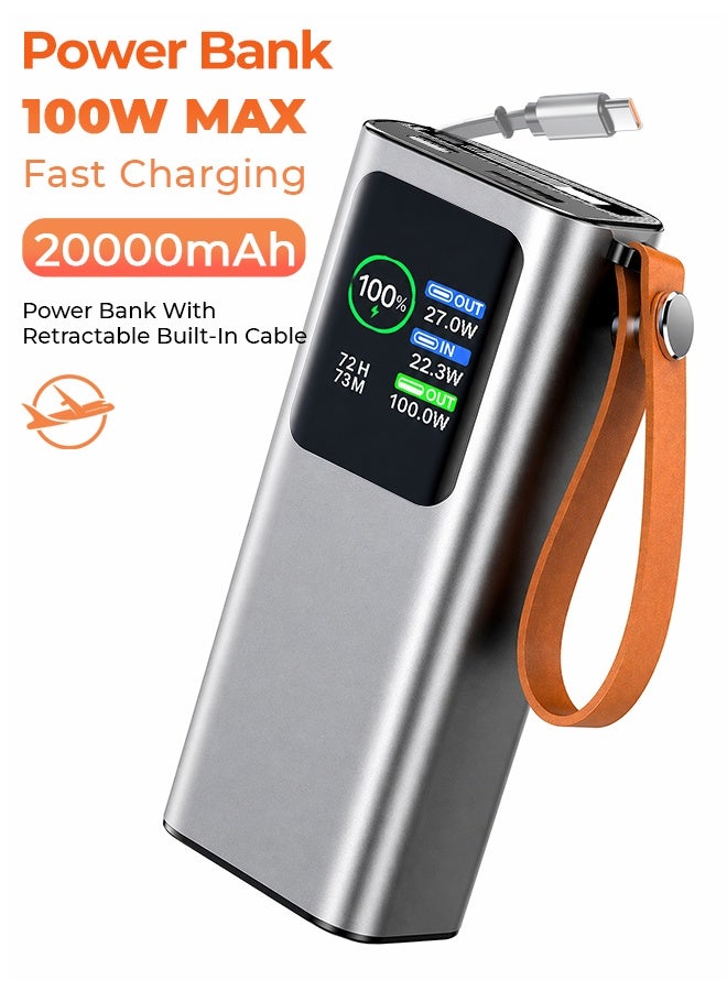 20000mAh 100W Fast Charging Power Bank with Built-in Retractable Type-C Cable & Flashlight, HD Digital Display Portable Charger, 2 Input 3 Output, Flight Approved - Silver - Image 2