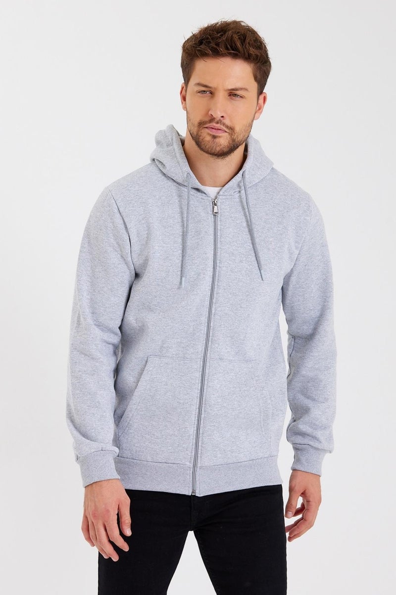 mmetalic Metalic Grey Kangaroo Pocket Hooded Zippered Cotton Inside Men's Sweatshirt - Image 2