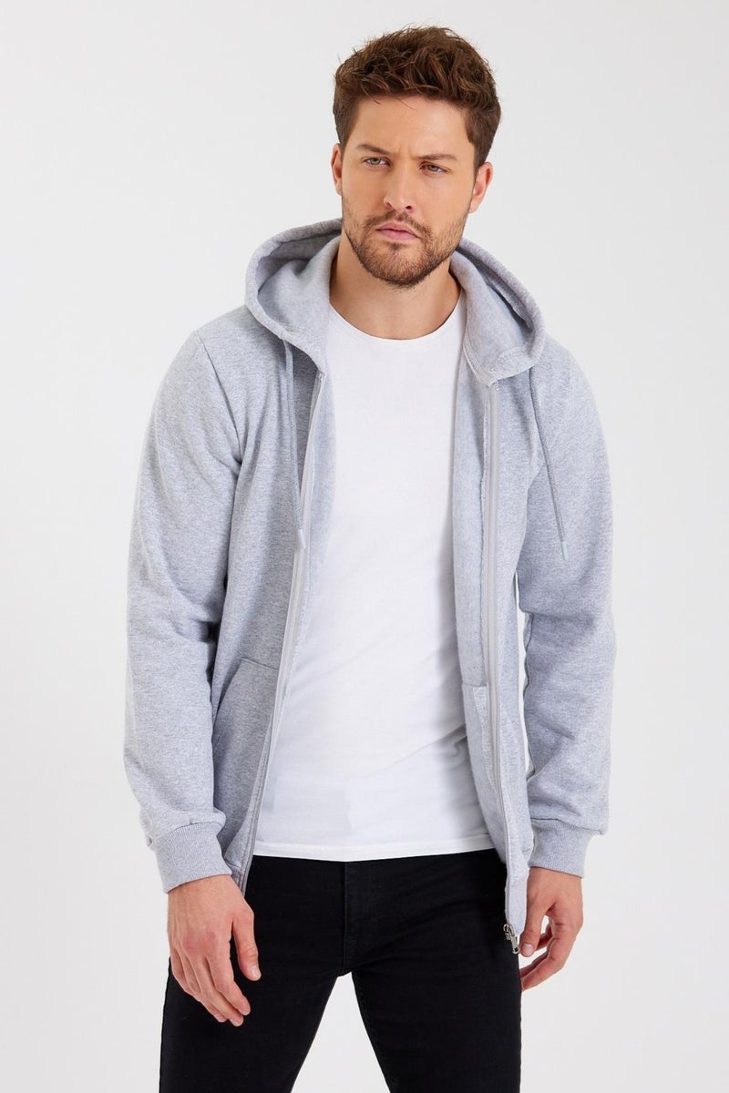 mmetalic Metalic Grey Kangaroo Pocket Hooded Zippered Cotton Inside Men's Sweatshirt - Image 3