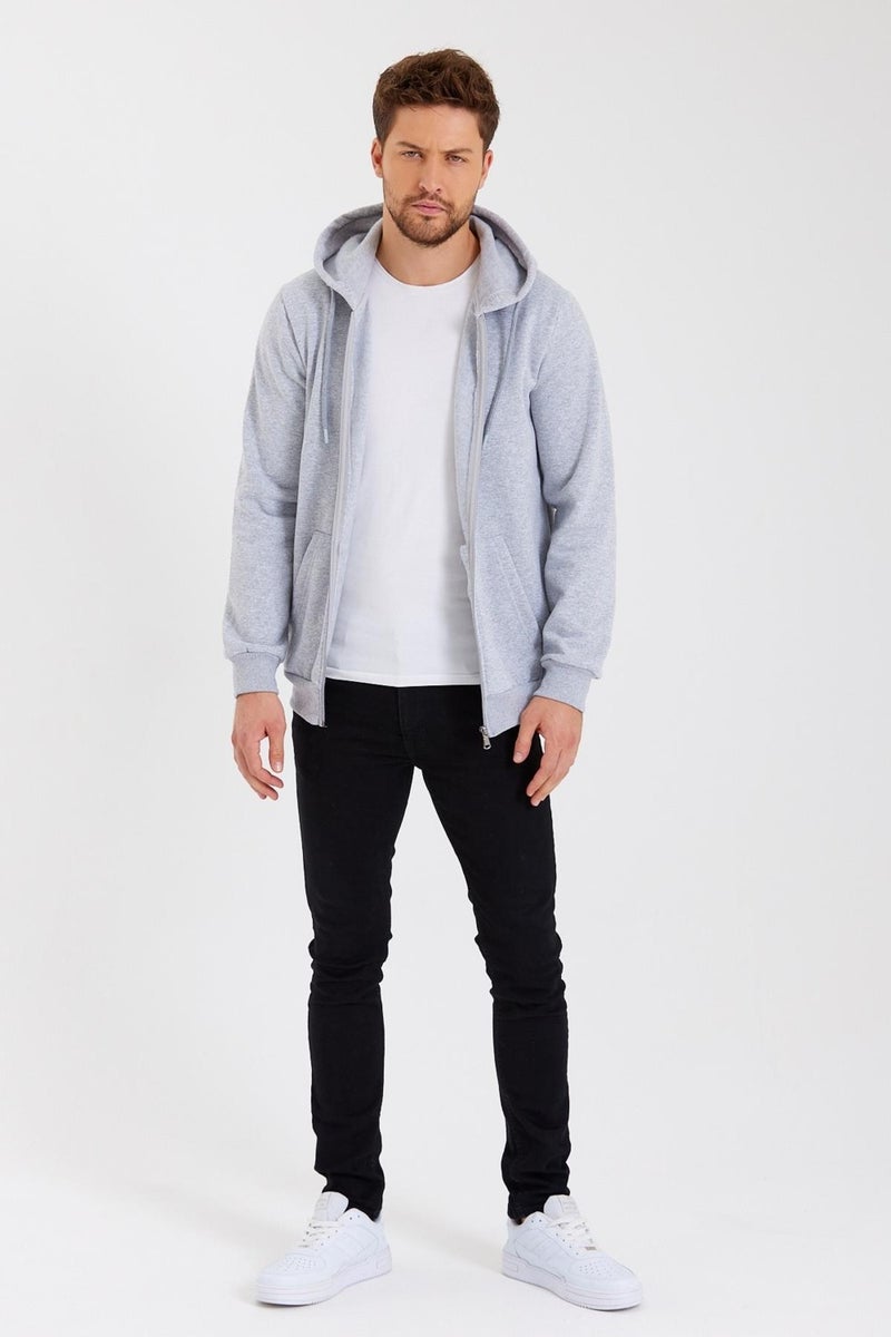 mmetalic Metalic Grey Kangaroo Pocket Hooded Zippered Cotton Inside Men's Sweatshirt - Image 4
