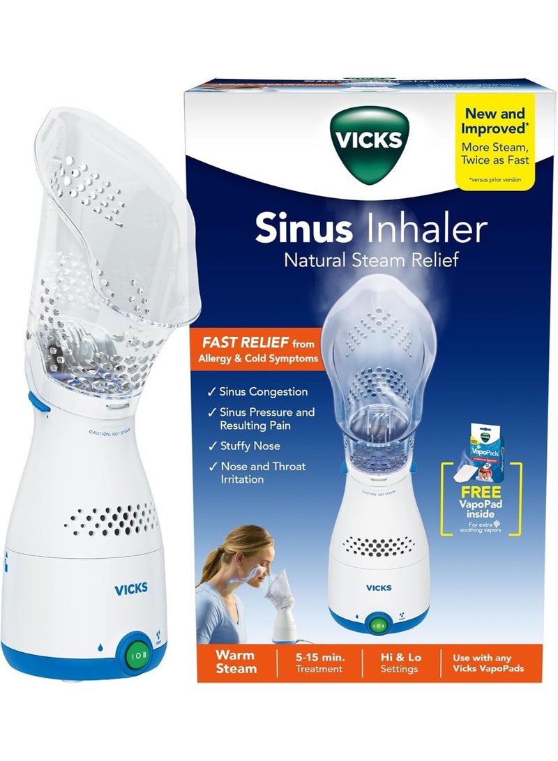Vicks جهاز استنشاق الجيوب الأنفية - تخفيف بخاري غير طبي للحساسية، الاحتقان، السعال والزكام، جهاز بخار للوجه، يهدئ الممرات الأنفية والحنجرية، يستخدم مع وسادات فابو (1 مضمونة)، مؤهل لـ FSA و HSA - Image 1