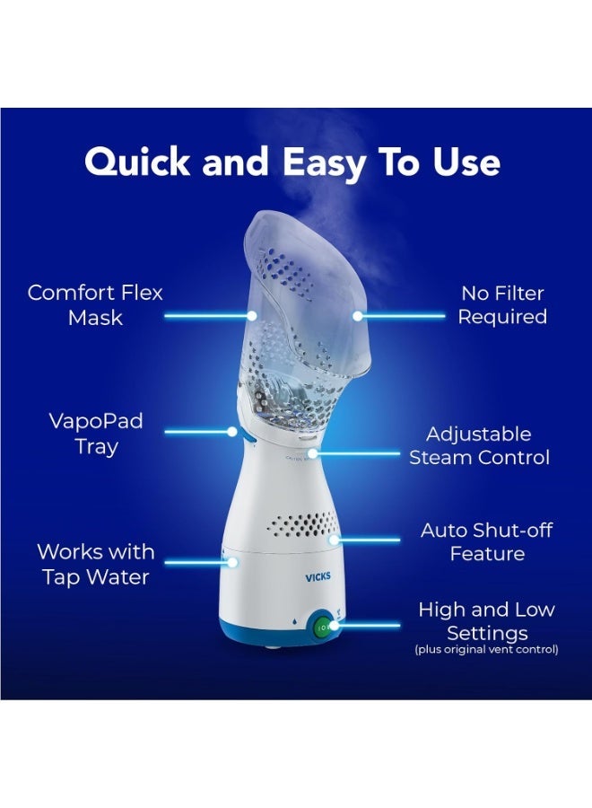 Vicks جهاز استنشاق الجيوب الأنفية - تخفيف بخاري غير طبي للحساسية، الاحتقان، السعال والزكام، جهاز بخار للوجه، يهدئ الممرات الأنفية والحنجرية، يستخدم مع وسادات فابو (1 مضمونة)، مؤهل لـ FSA و HSA - Image 2