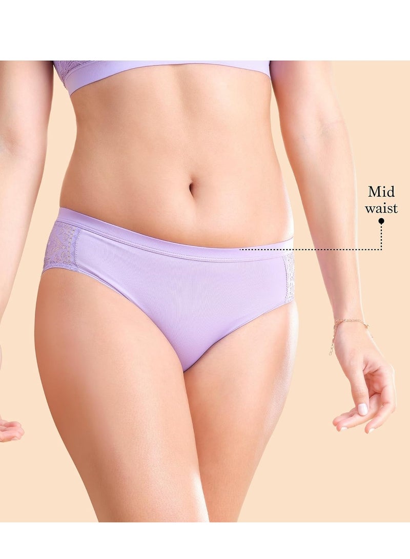 enamor Women Cotton Super Smooth and Elastic Full Coverage Hipster Panty Lace Design Violet Tulip - Image 2