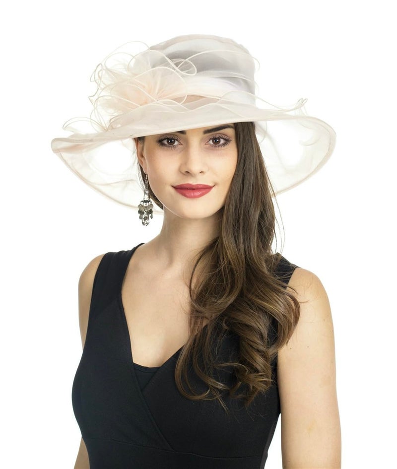 SAFERIN Women's Organza Church Fascinator Bridal Tea Party Wedding Hat (SZ-Beige) - Image 1