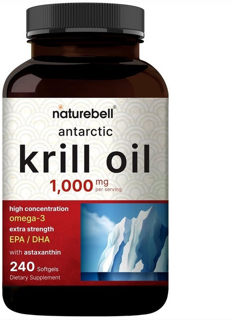 Antarctic Krill Oil 1000mg Supplement, 240 Softgels, Natural Source of Omega-3s, EPA, DHA and Astaxanthin - No Aftertaste - Support Heart Health, Mercury Free & Non-GMO