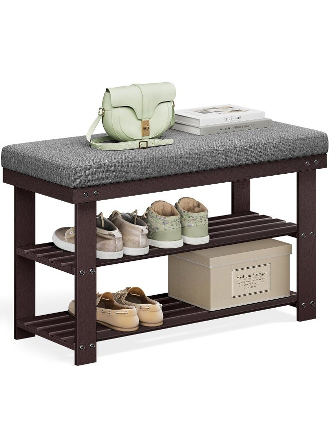 سونمجز مقعد أحذية من الخيزران SONGMICS – منظم أحذية بثلاث طبقات مع وسادة، لون جوزي عتيق ورمادي غامق، 30 × 72 × 49 سم، يتحمل حتى 136 كغ - Image 2