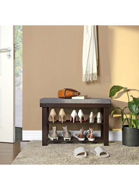 مقعد أحذية من الخيزران SONGMICS – منظم أحذية بثلاث طبقات مع وسادة، لون جوزي عتيق ورمادي غامق، 30 × 72 × 49 سم، يتحمل حتى 136 كغ