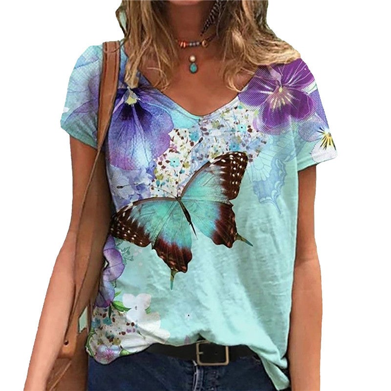 2021 New Pullover V-Neck Printed Street Short Sleeve Multi-Color Loose T-Shirt For Women - Image 4
