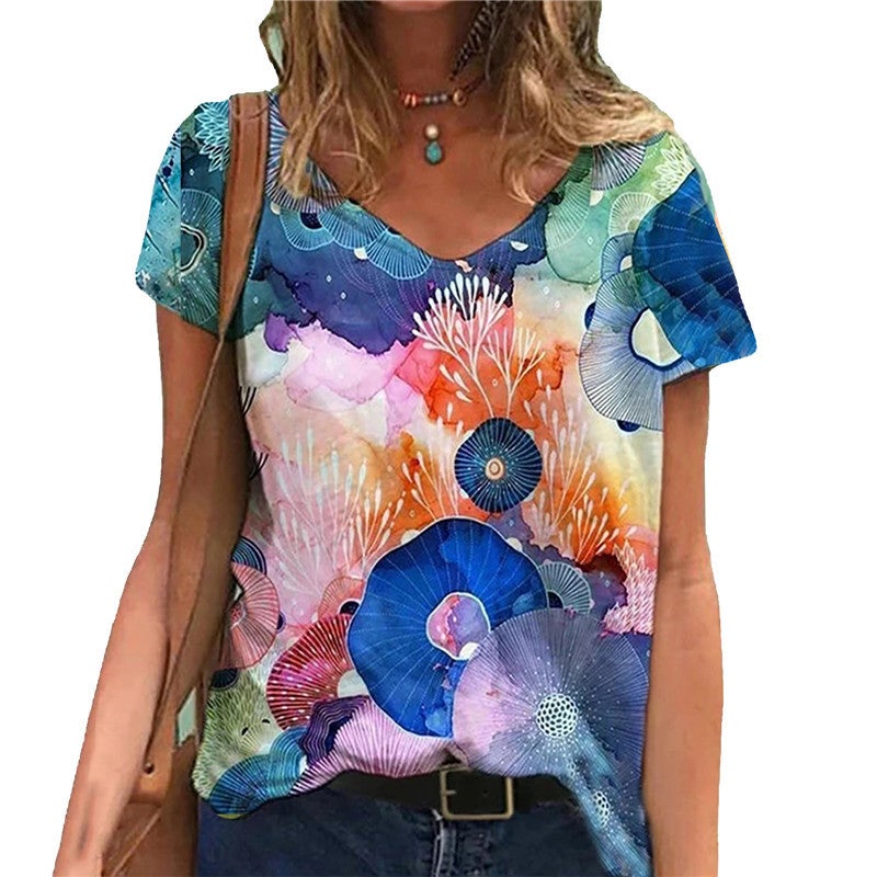 2021 New Pullover V-Neck Printed Street Short Sleeve Multi-Color Loose T-Shirt For Women - Image 1